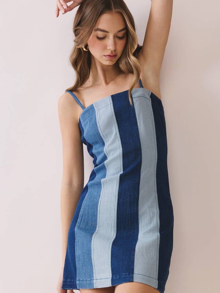 CD06665-Contrast Stripe Denim Mini Dress for wholesale by TCEC