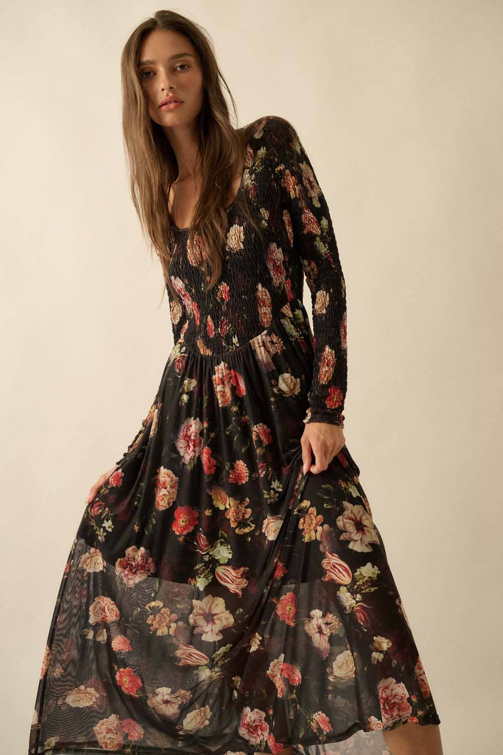 BLACK Floral-Print Mesh Smocked Long-Sleeve Maxi Dress for wholesale on Faire9