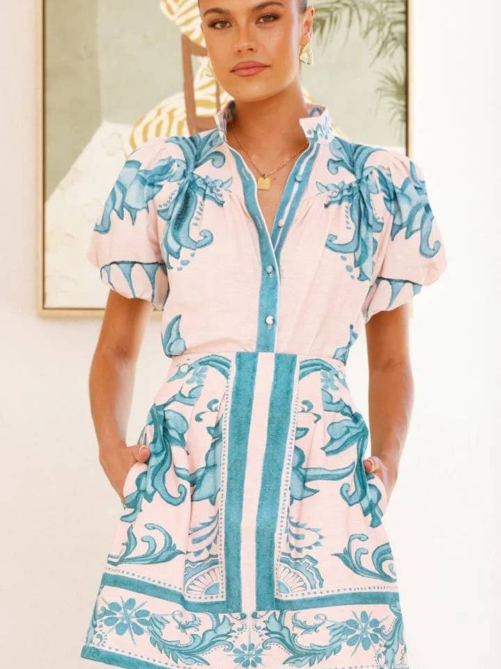 Little Trendy - Wholesale Top & Skirt Set - Women's - Unique floral printed Puff Sleeve shirt&Skirt set