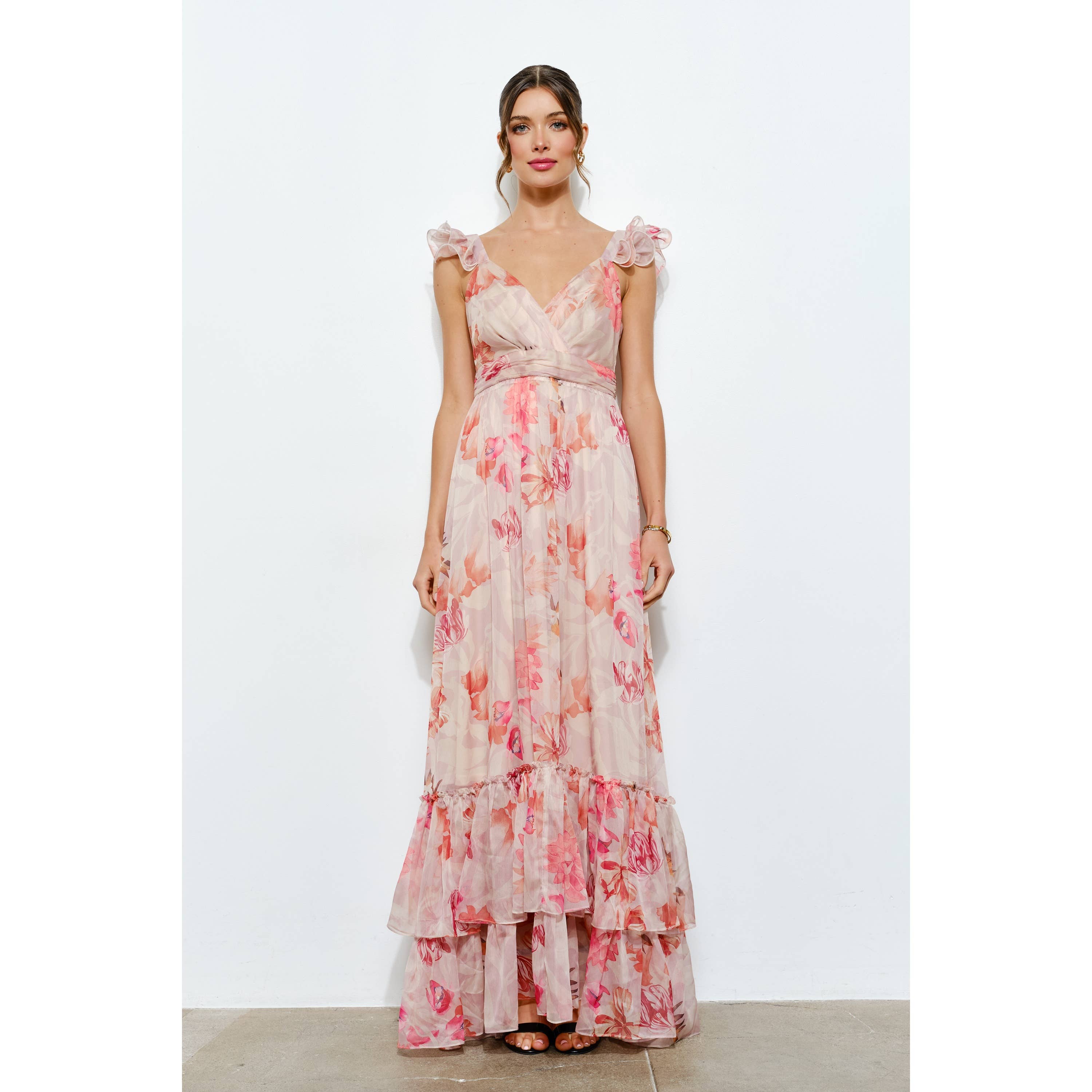 INA - Vendita all'ingrosso Vestito - Donna - Abito lungo a balze in chiffon floreale con spalle arricciate1