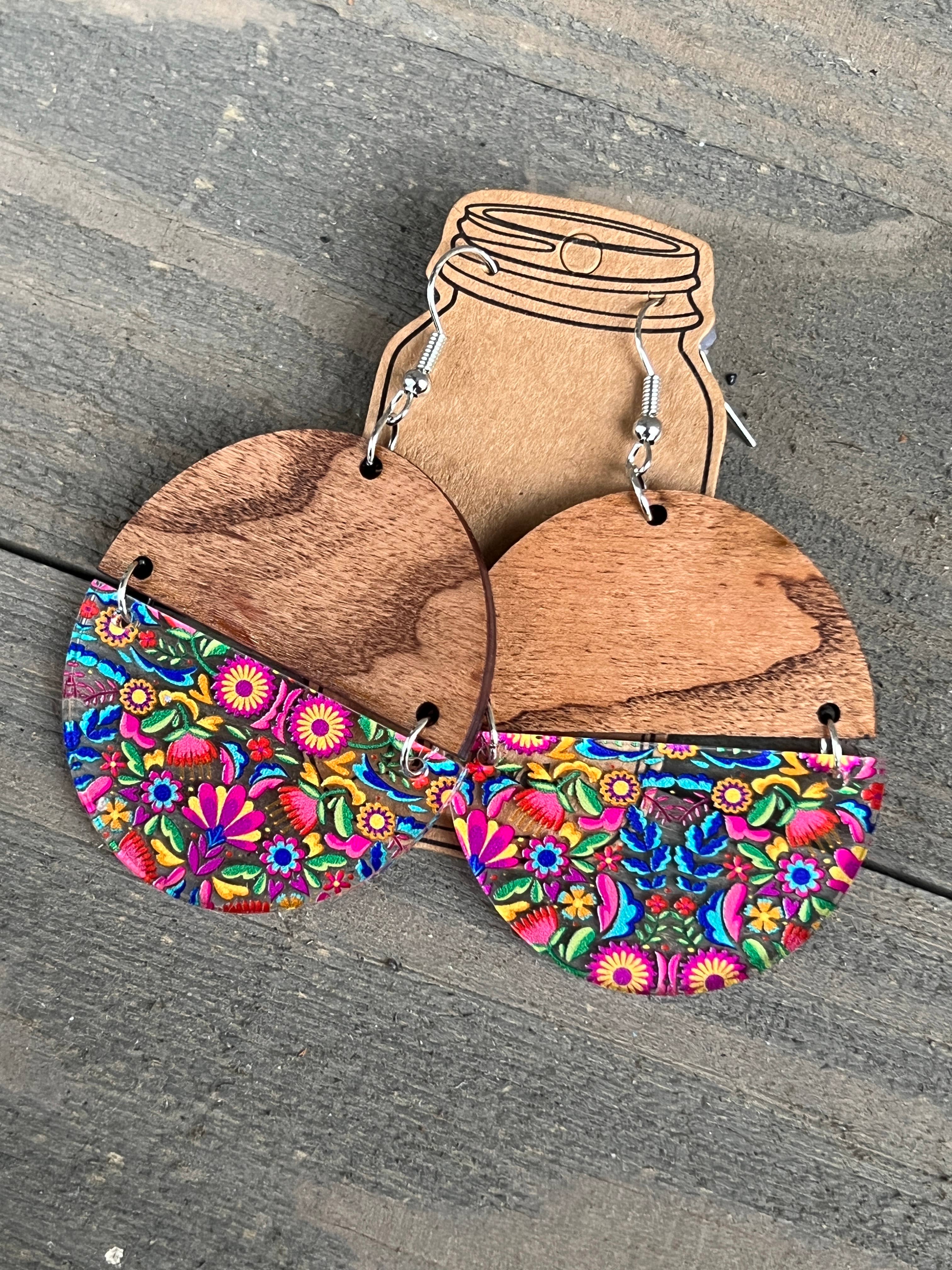 Jill's Jewels - Wholesale Dangle Earrings - Rainbow Floral Hippy Half Acrylic Half Wood Earrings1