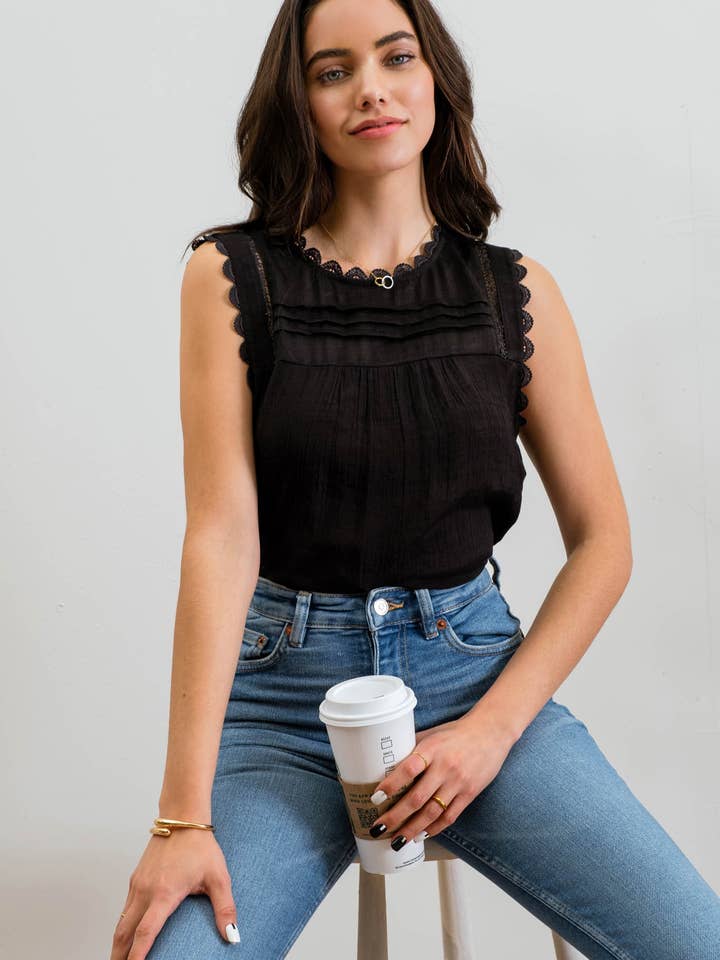 Blu Pepper - Wholesale Blouse - Women's - SLEEVELESS LACE EDGE WOVEN TOP30