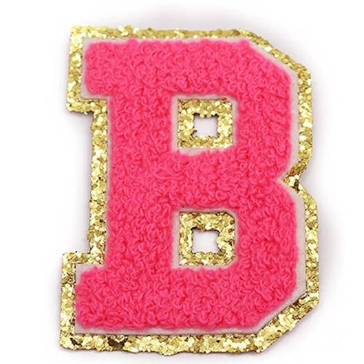 Bright Pink Chenille Iron On Gold Glitter Letter Patches for wholesale on Faire3