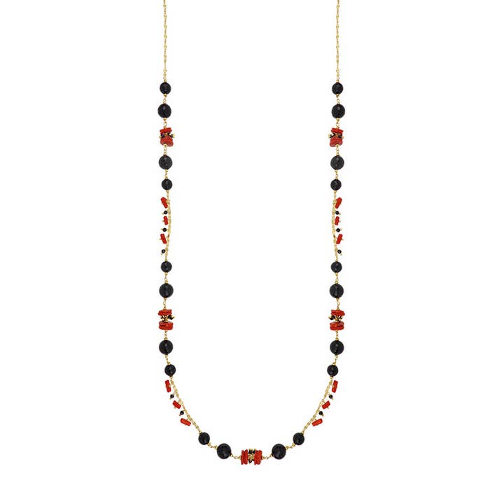 Colar de ónix preto e coral vermelho - Gabrielle por atacado de Nivy