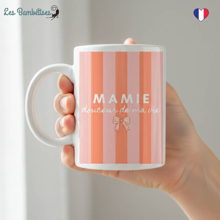 Mug Mamie Douceurs de ma vie - Rayures Pêche pour la vente par les bambetises