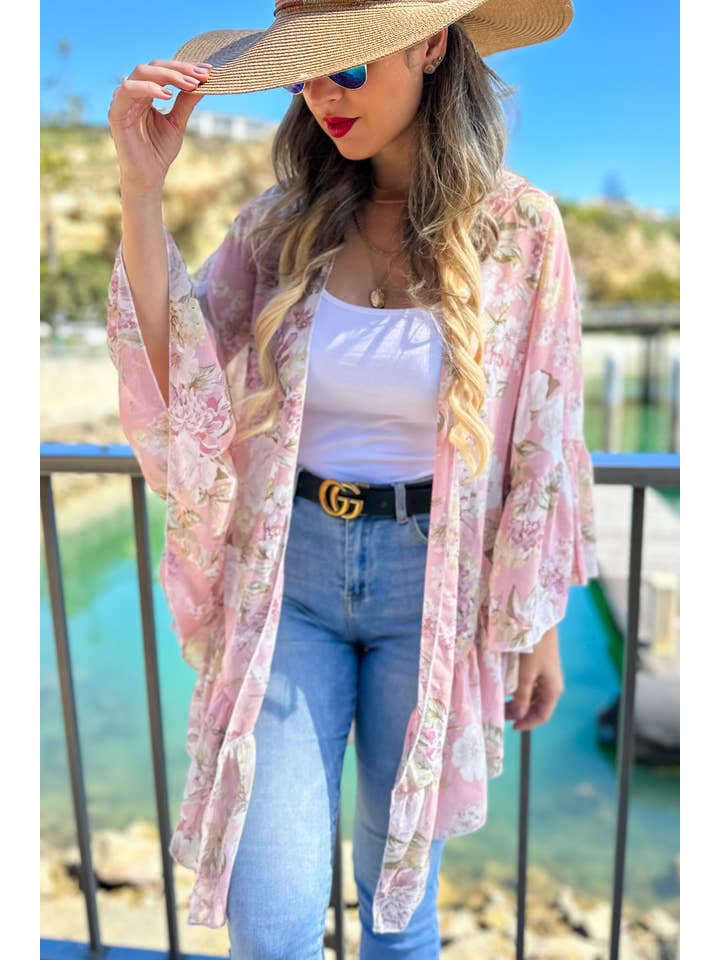 Fard Kimono copricostume in chiffon con stampa floreale e maniche a balze. in vendita all'ingrosso su Faire5