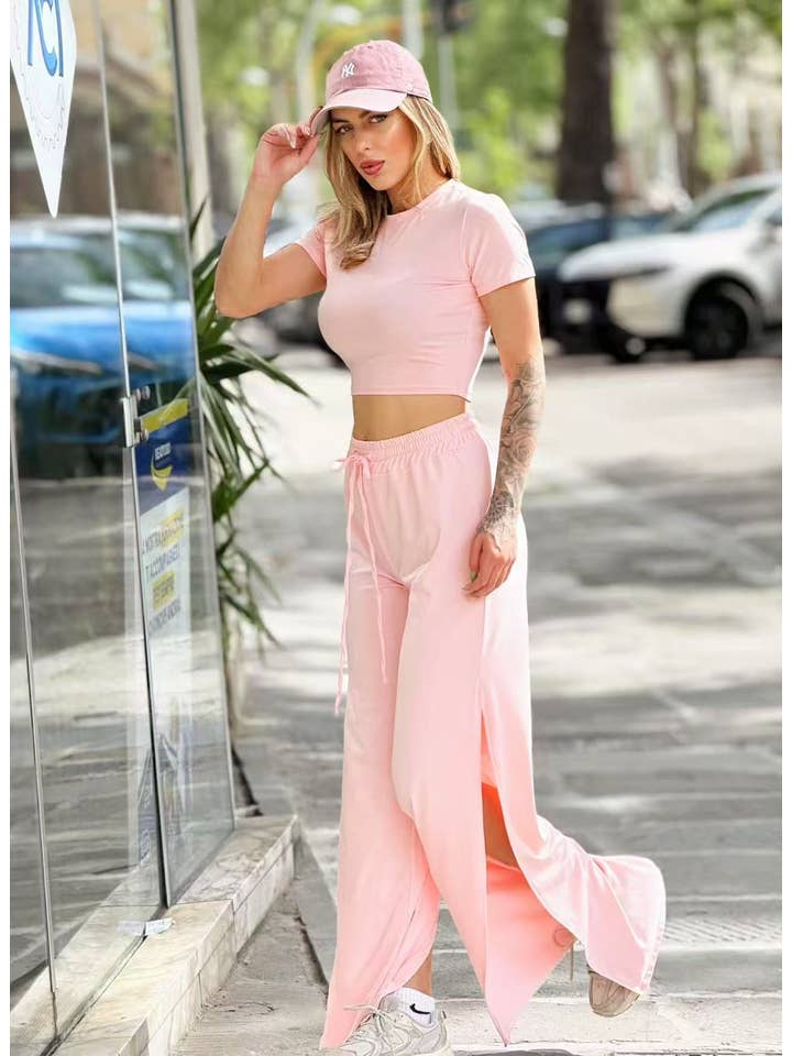 Chilli Girl Collection - Wholesale Top & Pant Set (NOT Loungewear) - Women's - Crop t-shirt and wide-leg pants with side splits setÂ