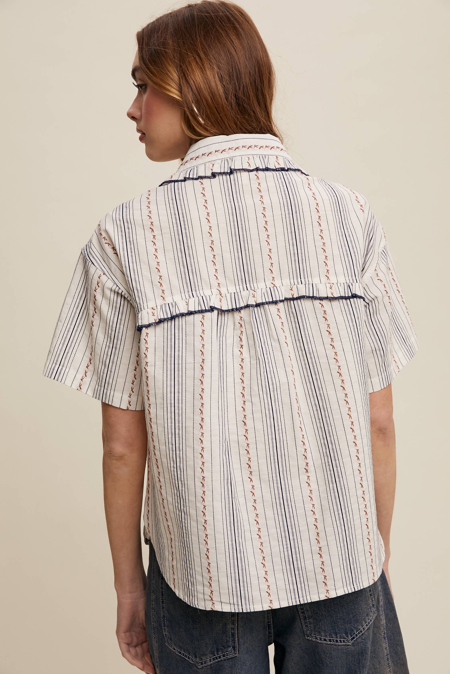 Listicle - Wholesale Button Down Shirt - Women's - Striped Embroidered Button-Down Blouse7
