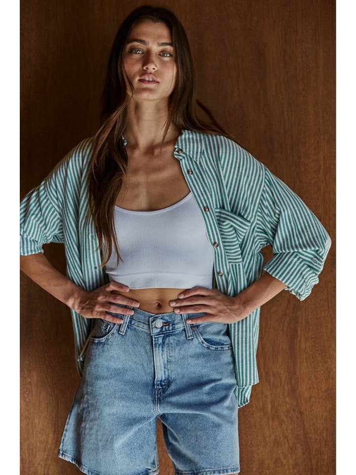 By Together - Vendita all'ingrosso Camicia button down - Donna - Camicia a righe con collo in cotone, maniche lunghe e tasca frontale6