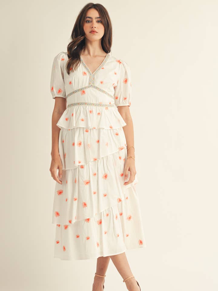 Vestido Midi com Camadas e Bordado Floral por atacado de JUST ME