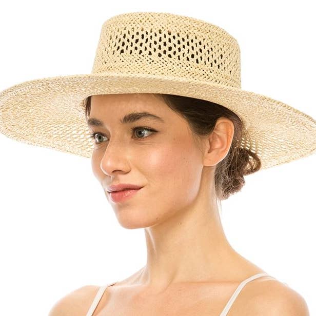 Love and Thyme - Wholesale Straw Hat - Women's - Summer Wide Brim PeekaBoo Weave Gambler Straw Hat