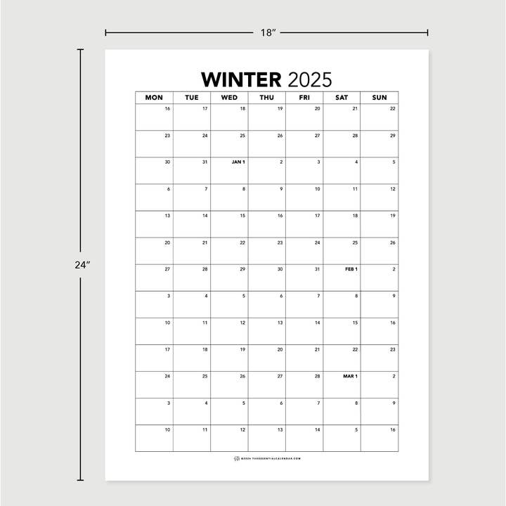 The Essential Calendar - Venta al por mayor Calendario - Calendario trimestral de invierno de 2025 que comienza el lunes