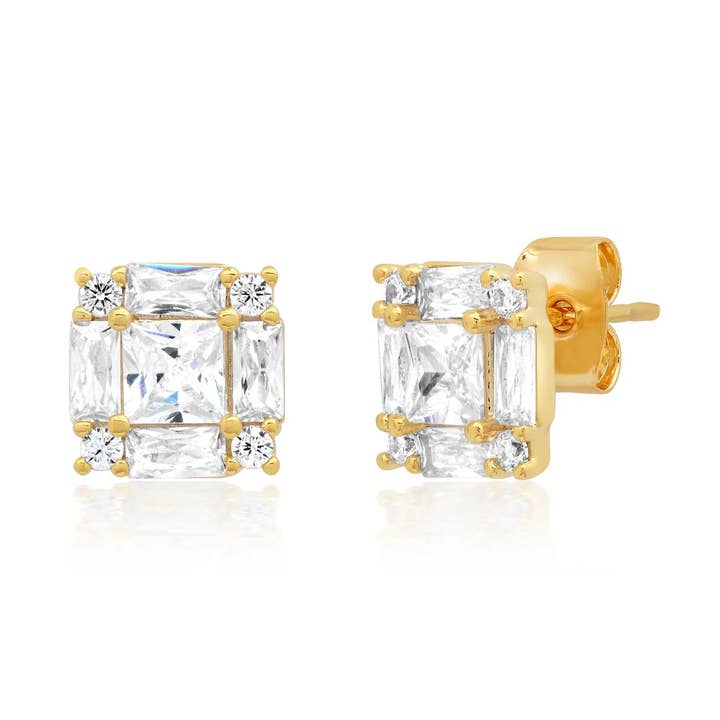 Princess Cut CZ Studs with Emerald and Round CZ Accents for wholesale by Tai Jewelry