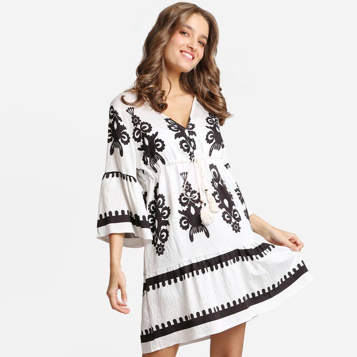 Boho Pattern Print Drawstring Summer Mini Dress for wholesale by Fashion City