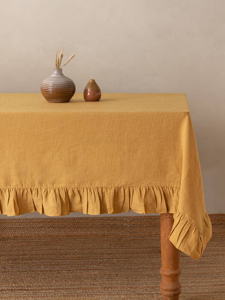 Ruffled Linen Tablecloth – Romantic Dates for wholesale by Live Linen