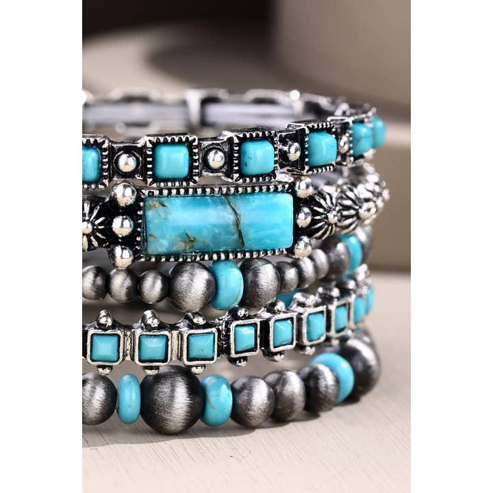 Turquoise SBTQ Layered Semi Stone & Metal Bead Bracelet for wholesale on Faire