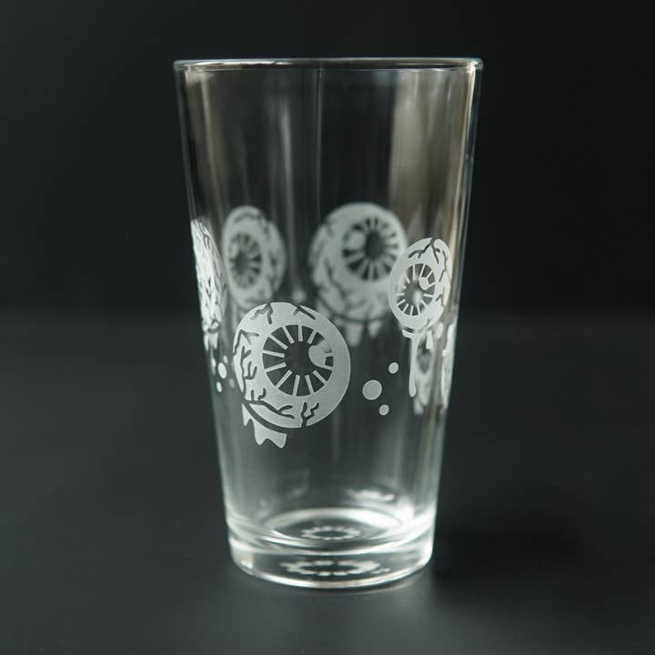 Eyeballs Pint Glass - etched gory horror glassware for wholesale by Bread and Badger