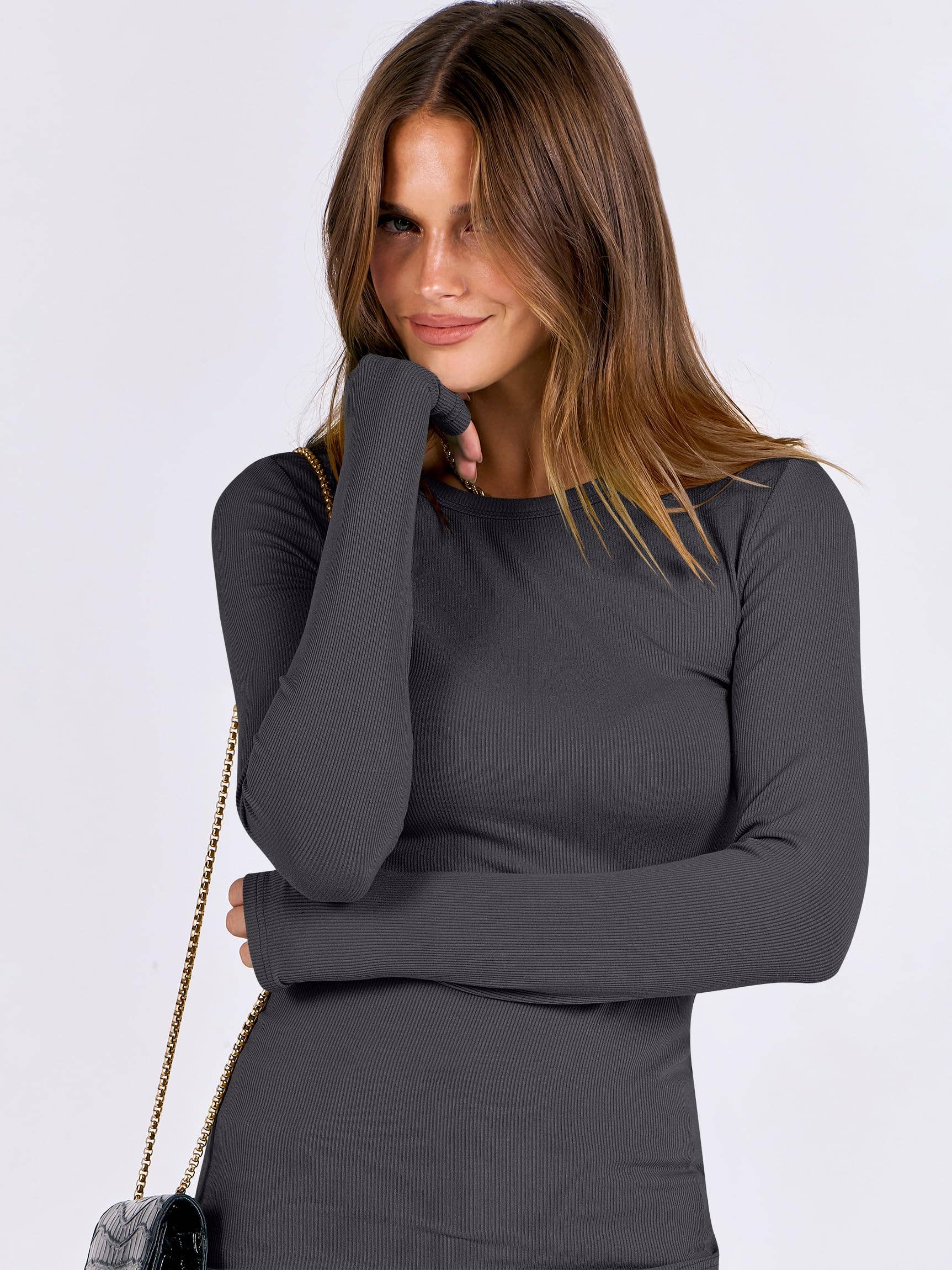 Chicto - Vente Haut en maille – femme - Hauts basiques à manches longues pour femmes, col rond, maille côtelée, coupe ajustée.192