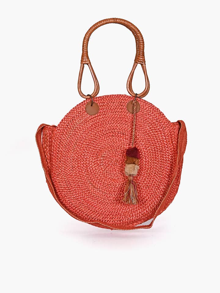 Red Jute Bucket Bag With Cane Handles for wholesale by America & Beyond