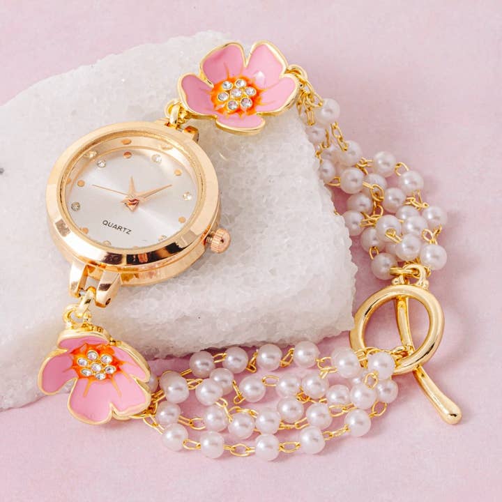 Double Flower Detail Chain Beads Bracelet Watch for wholesale by Fame Accessories