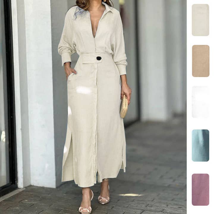 Women's Elegant V-Neck Maxi Dress with Belted Waist for wholesale by Halcyon Outfitters®