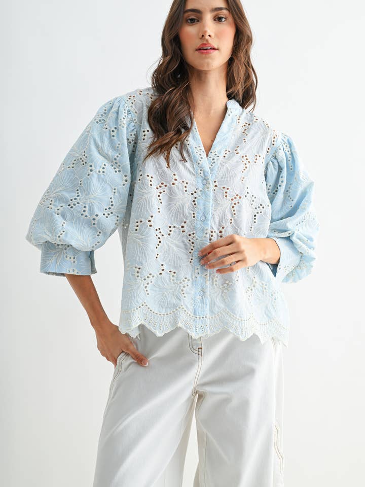 CT10122J Embroidered Cotton Eyelet Blouse Puff Sleeves for wholesale by Camellia