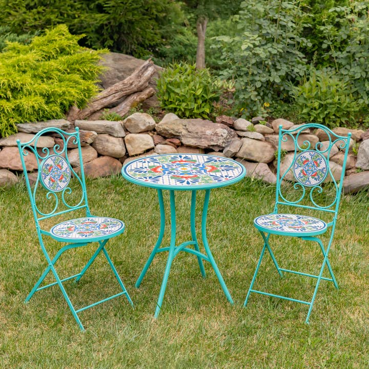 Zaer Ltd. International - Wholesale Patio Set - "Baton Rouge" Mosaic Bistro Set - 3PC/Set- Blue, Green & Red2
