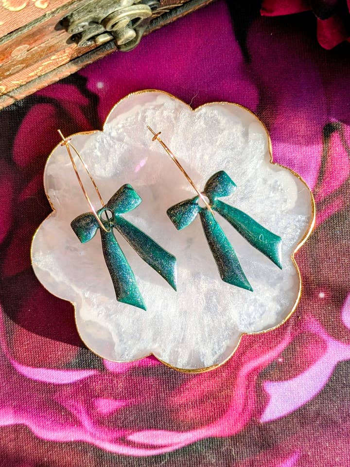 Green Glitter Large Bow Hoop Earrings for wholesale by Krorroskos Designs