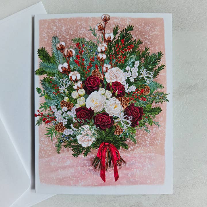 Biglietto di Auguri Festivo con Rose e Cotone Fiorito per la vendita all'ingrosso da parte di Scribblebard Illustrations