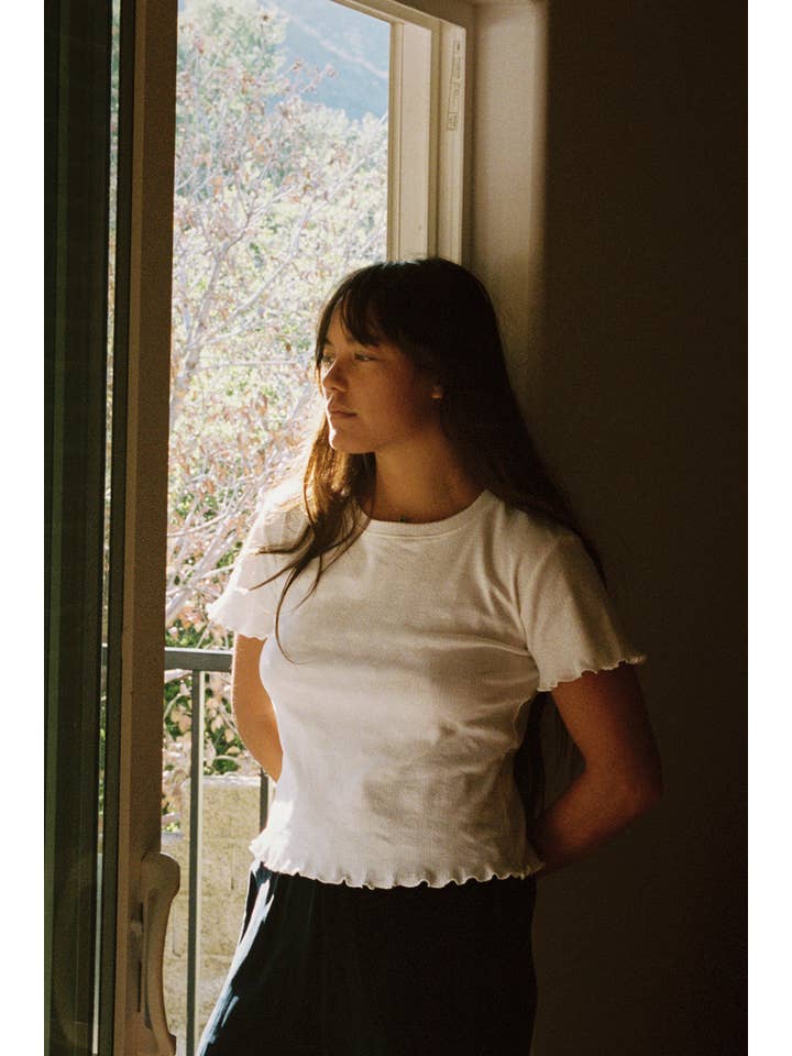 White Pointelle Flutter Tee for wholesale on Faire