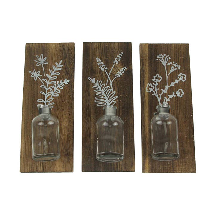 Sæt med 3 vægvaser af glasflasker med træramme, boho for engroshandel hos Things2Die4