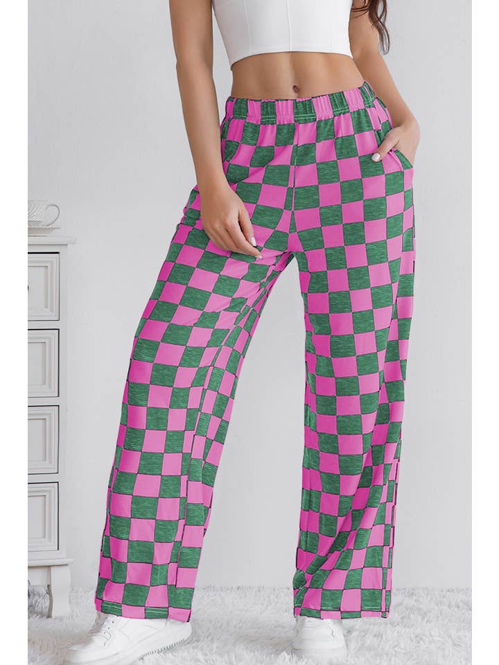 LA Society - Wholesale Pants - Women's - Checkered Print High Waist Wide Leg Pants