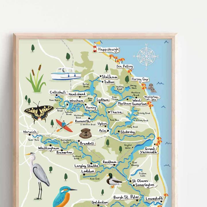 Emily Nelson - Wholesale Art Print - Norfolk Broads Illustrated Map Art Print Home Decor | A5 A4