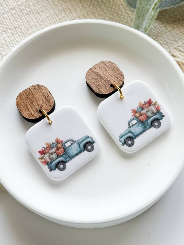 Fall geometric dangle earrings, autumn handmade earrings for wholesale by Lotus of clay