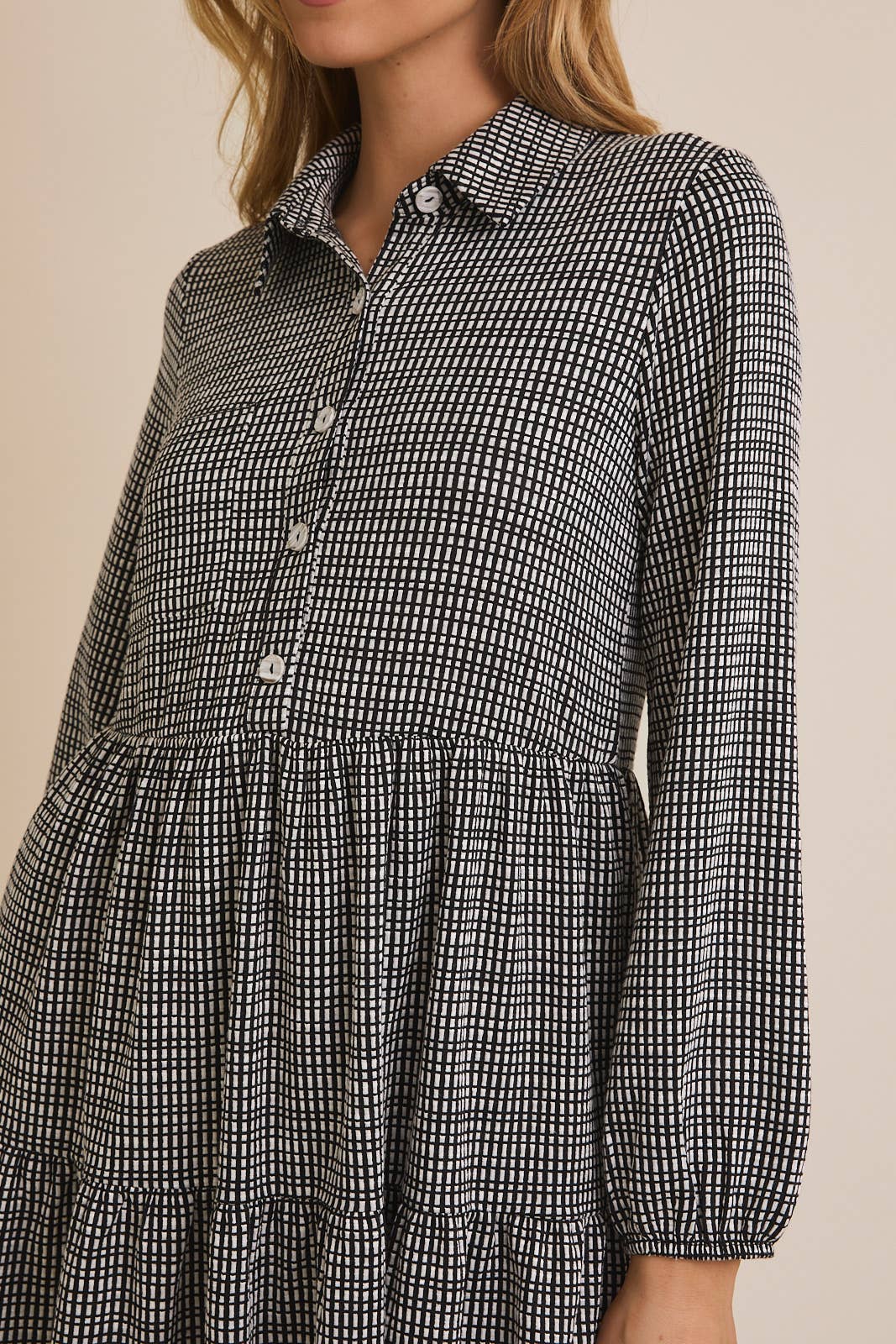 COLLAR LONG SLEEVE BUTTON UP GINGHAM MINI DRESS for wholesale on Faire4