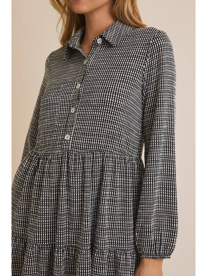 COLLAR LONG SLEEVE BUTTON UP GINGHAM MINI DRESS for wholesale on Faire4