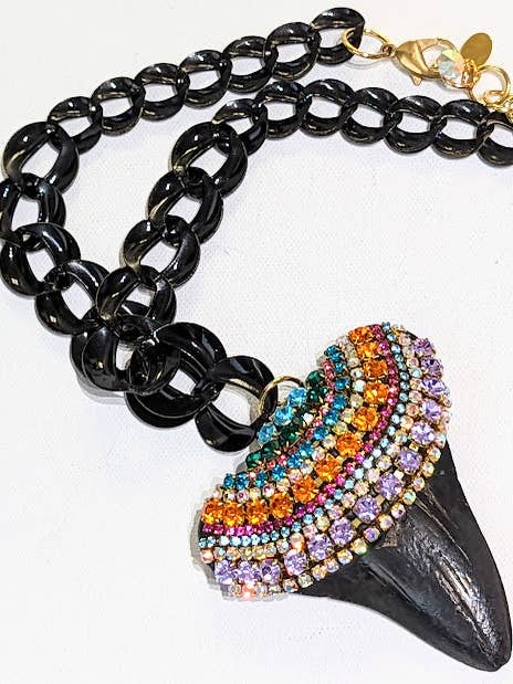 Black Shark Tooth Fossil Pendant Colorful Swarovski Unisex Beach Wedding Ocean Dentist Statement Sugar Gay Isber 100 million-year-old fossil for wholesale by Gay Isber Designs