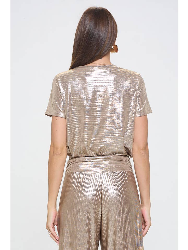 Gold Made in USA Metallic Textured Short Sleeve Top for wholesale on Faire