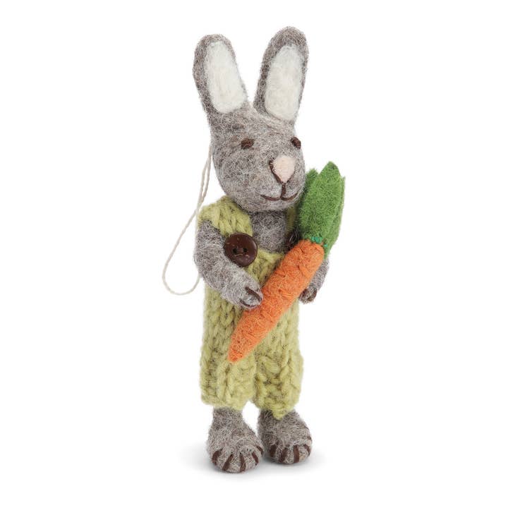 Gry and Sif - Wholesale Decorative Tabletop Object - Grey Bunny with Green Pants and Carrot