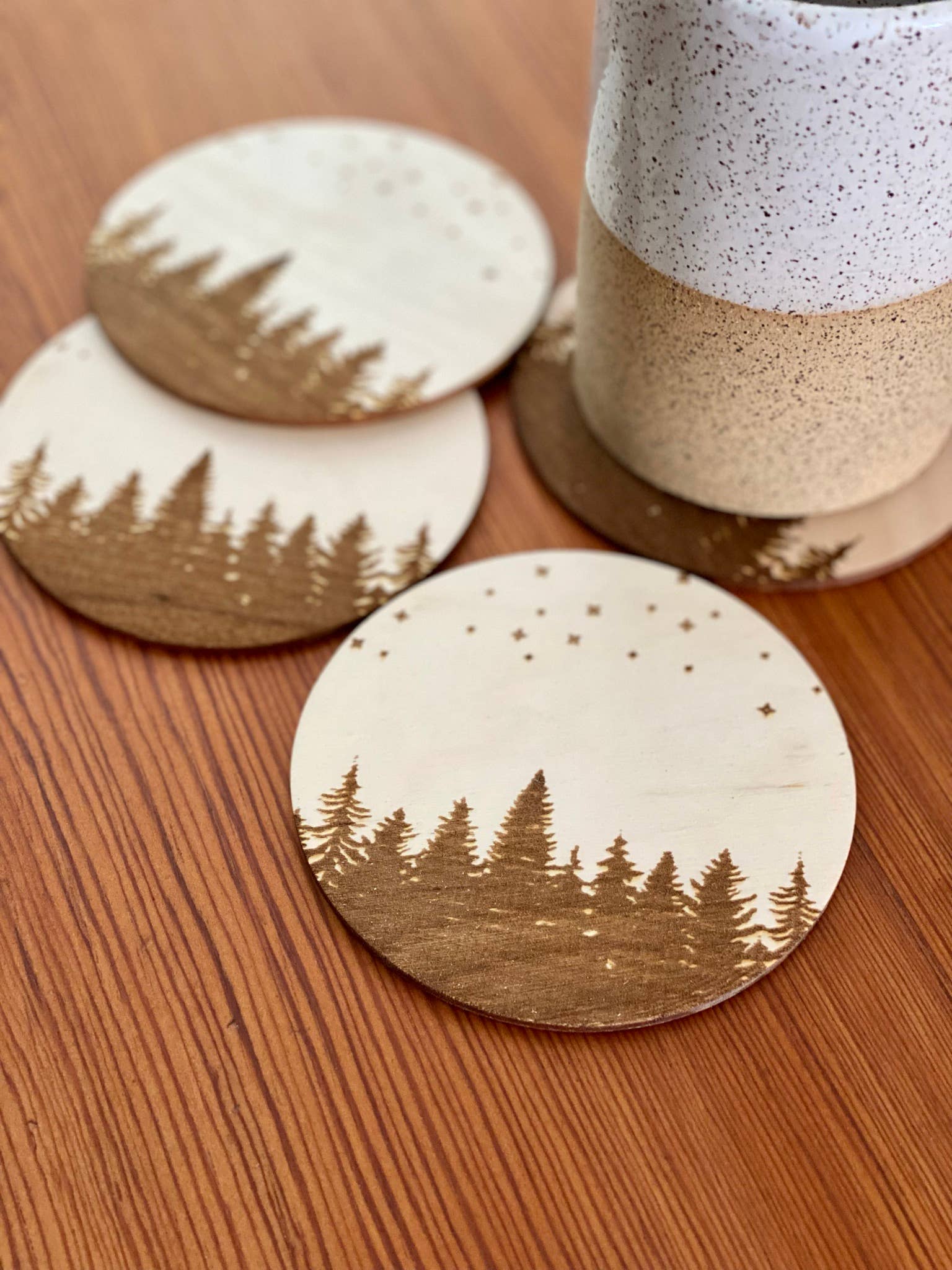 Munsell Made - Wholesale Coasters - Pine Trees & Stars Engraved Wood Coasters1