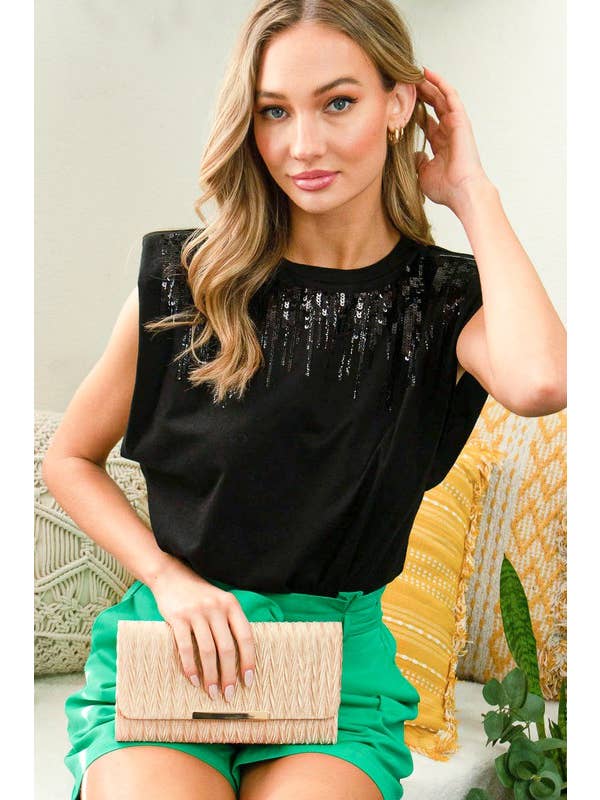 Vine & Love - Wholesale Knit Top - Women's - Shoulder Padded Sequin Detail Sleeveless Cotton Top VT81374