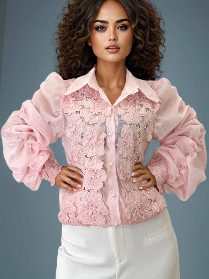 N by Nancy - Wholesale Blouse - Women's - S3032 SHEER LONG SLEEVE BUTTON DOWN FLORAL TOP (PINK, WHT) 1