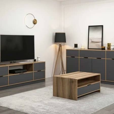 Conjunto Elina 2 TV+Mesa de Café+Consola - Ouro/Antraci por atacado de benjashop