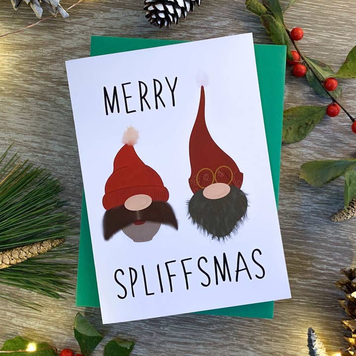 Funny Cannabis Cheech and Chong Holiday Card Merry Spliffsmas by StoneDonut Design for wholesale by Stone Donut Design, LLC