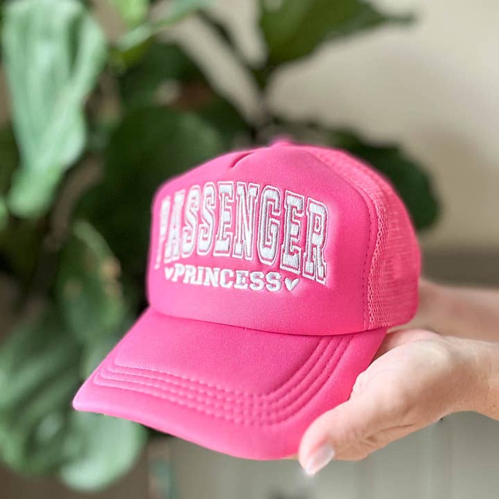 Hot Pink Passenger Princess Embroidered Graphic Trucker Hat for wholesale on Faire1