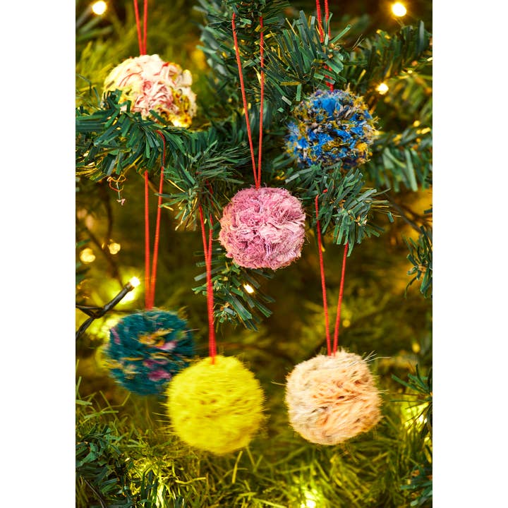 Namaste – wholesale Ornament – Recycled Sari Fluffy Pom Pom Bauble2