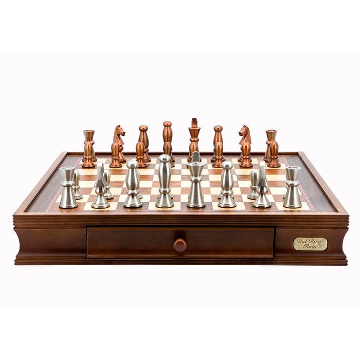 Chess Set Walnut Finish 20" with Drawers & Metal Pieces 85mm for wholesale by Dal Rossi Italy