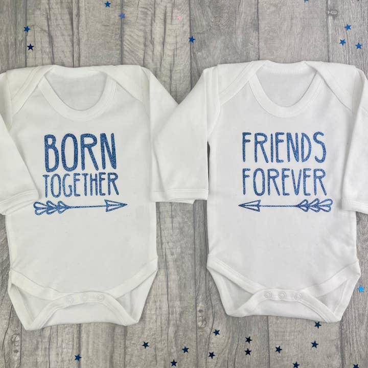 Personalised Baby Clothes and Gifts - Wholesale Bodysuit (Non-Footed) - Baby - Twins Born Together, Friends Forever Baby Romper Vest