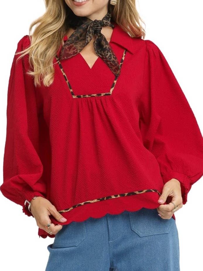 Scallop Hem Leopard Trim Blouse for wholesale by Vanilla Monkey