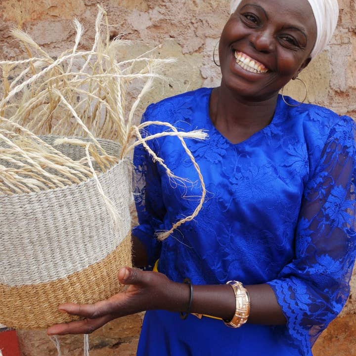 Natural CHAMA: Khaki & White Colour Block Storage Basket | Plant Pot Cover | Desk Tidy | Blanket Storage for wholesale on Faire6